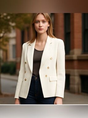 Rachel zoe Textured Embellished Gold Button Open Front Blazer size: XS white